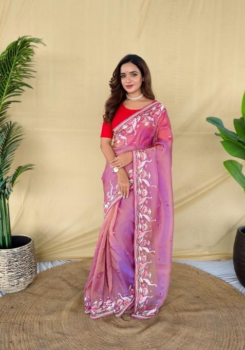Pink Embroidered Silk Blend Saree Set