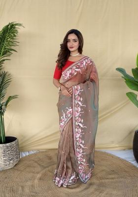 Brown Embroidered Silk Blend Saree Set