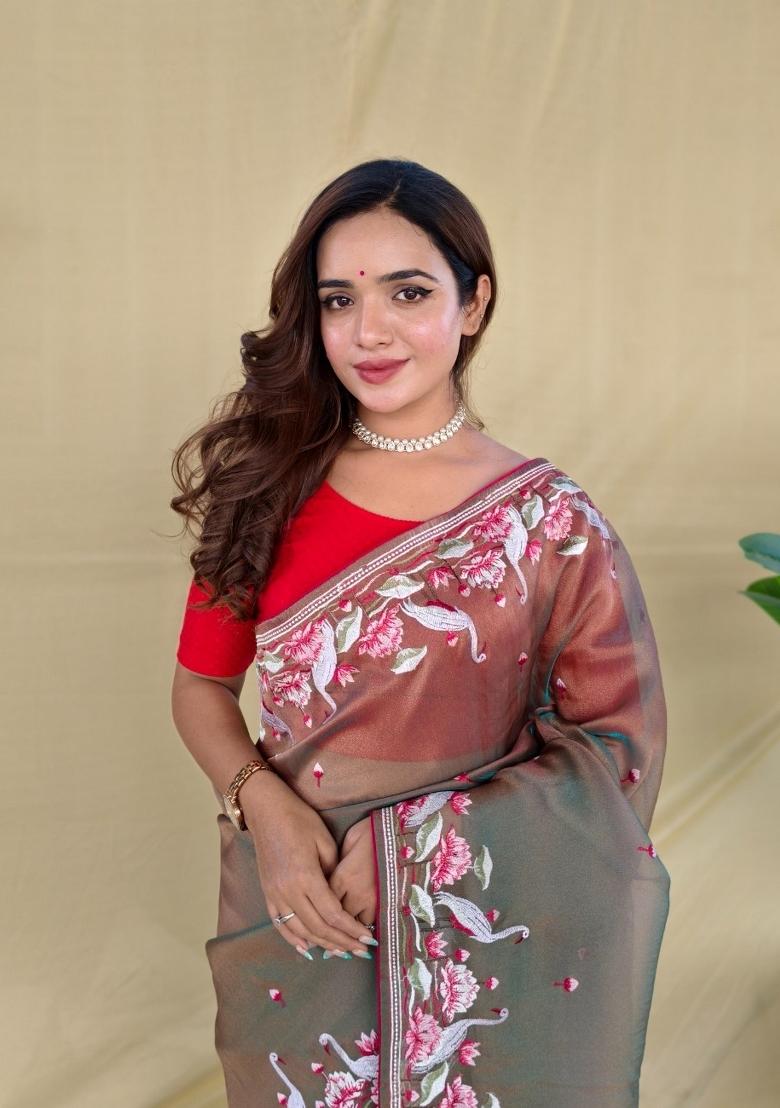 Brown Embroidered Silk Blend Saree Set - Indya