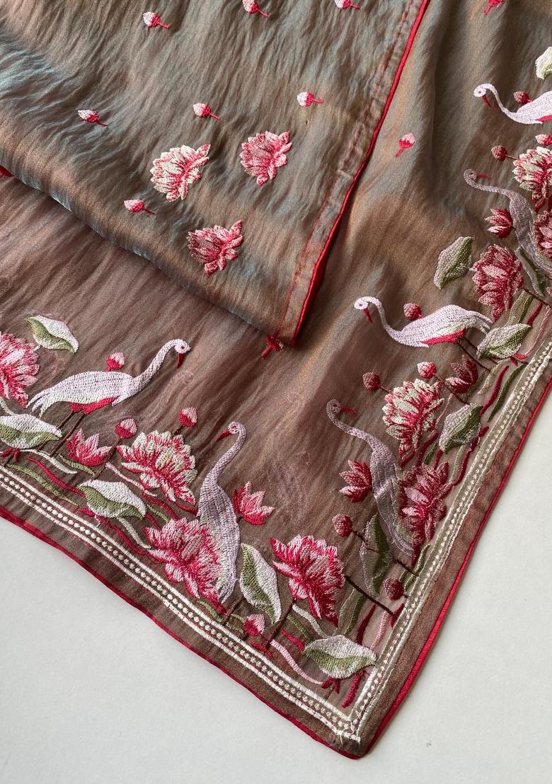 Brown Embroidered Silk Blend Saree Set - Indya