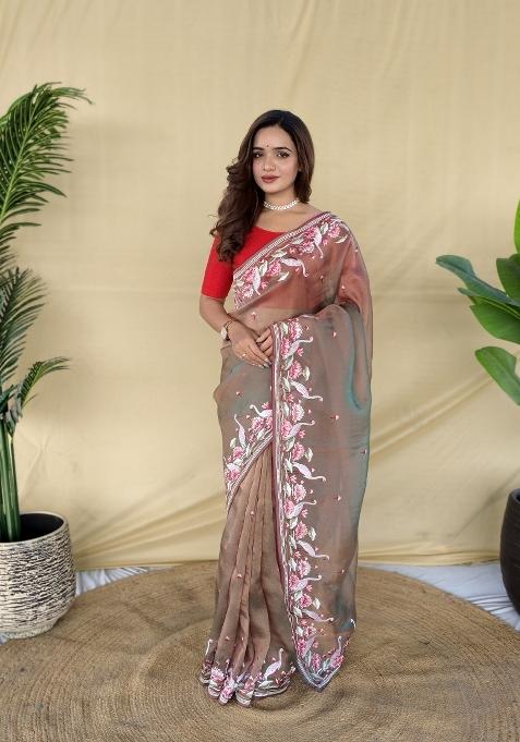 Brown Embroidered Silk Blend Saree Set