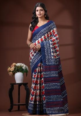 Blue Printed Cotton Saree Set