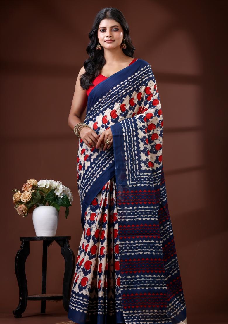 Blue Printed Cotton Saree Set - Indya
