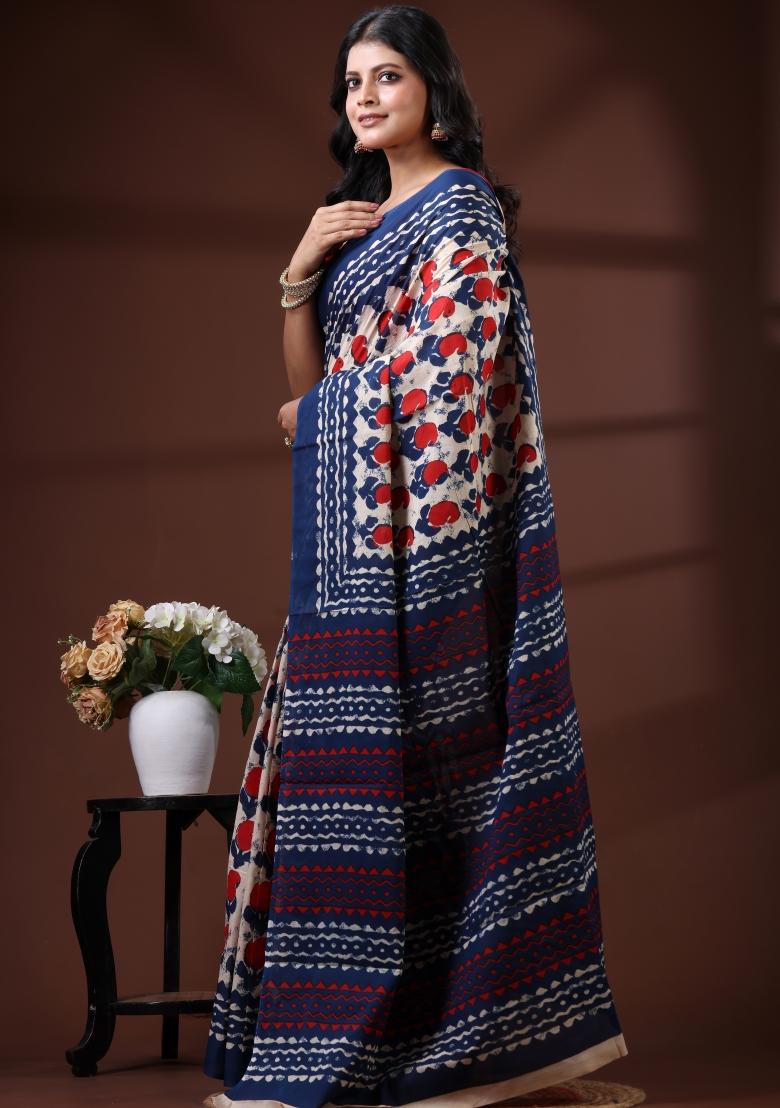 Blue Printed Cotton Saree Set - Indya
