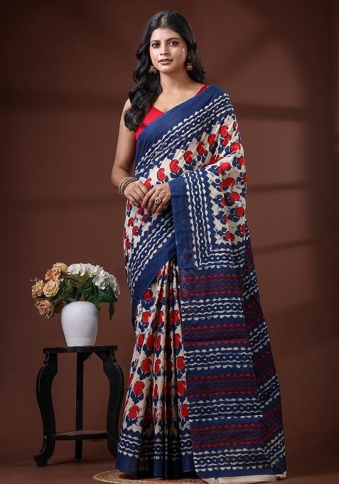Blue Printed Cotton Saree Set