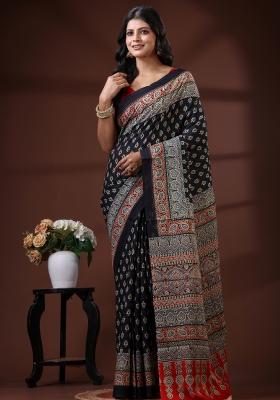 Black Printed Cotton Saree Set