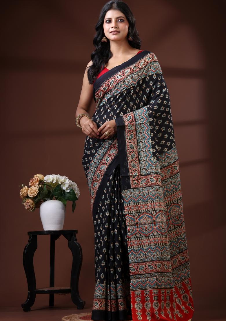 Black Printed Cotton Saree Set - Indya