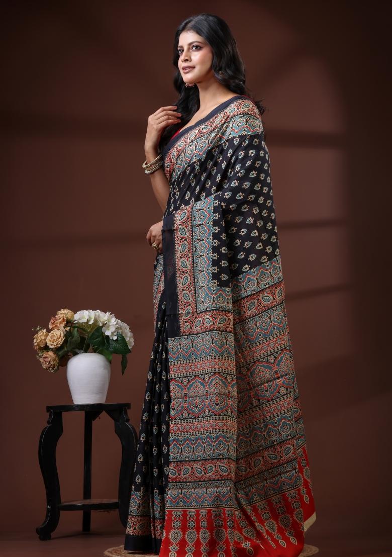 Black Printed Cotton Saree Set - Indya