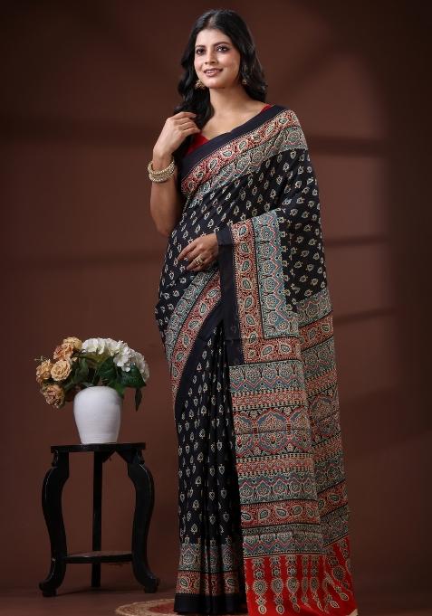 Black Printed Cotton Saree Set