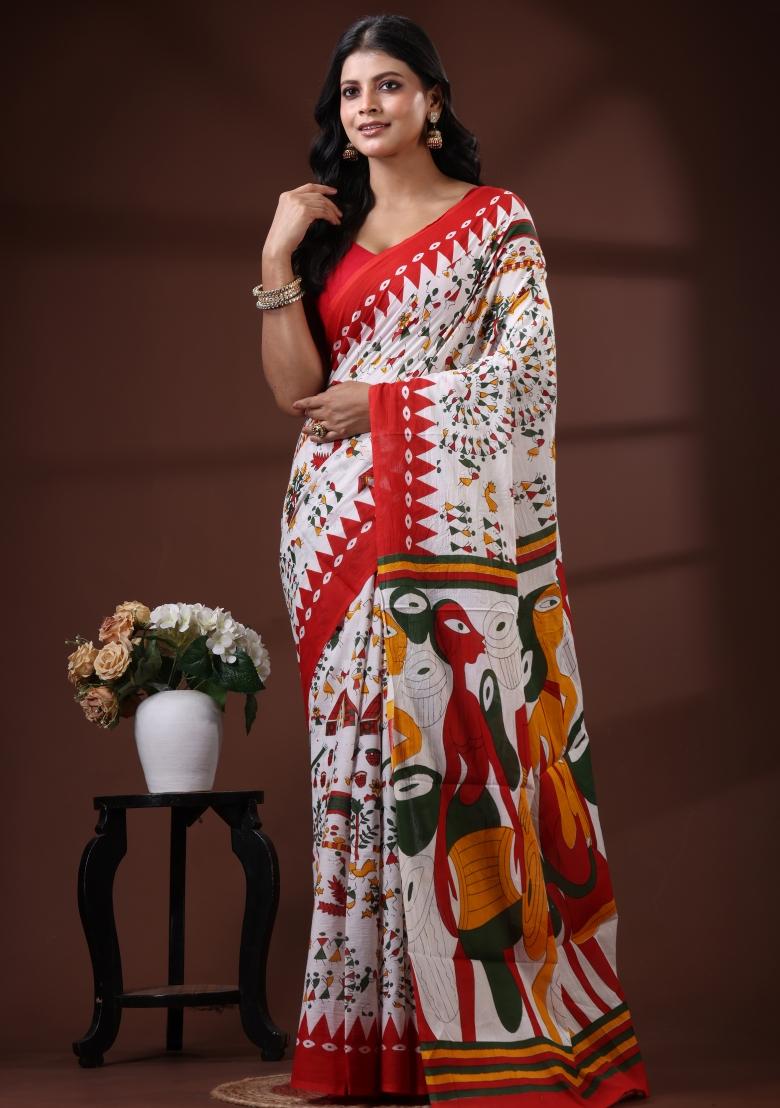 Off White Printed Cotton Saree Set - Indya