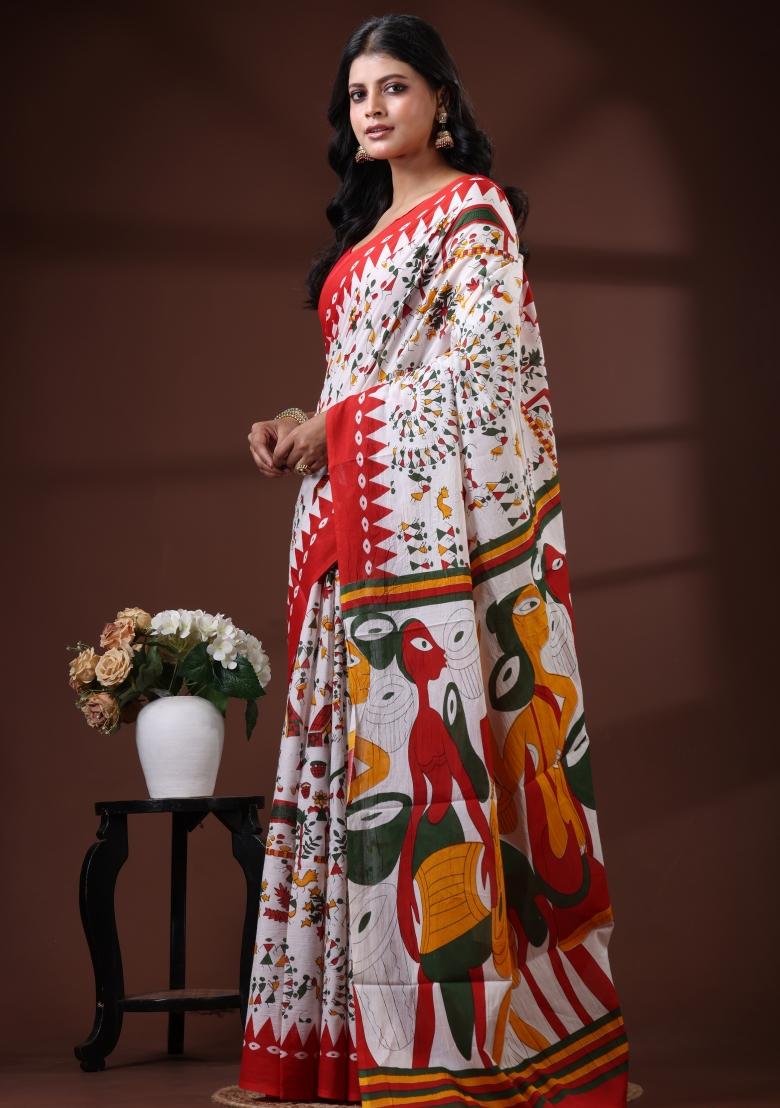 Off White Printed Cotton Saree Set - Indya