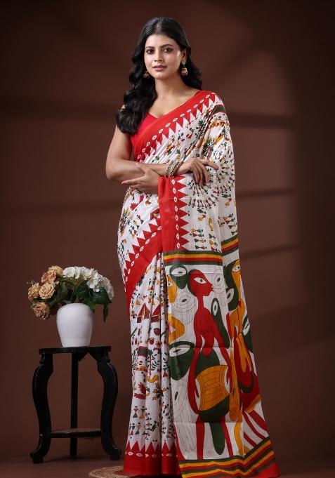 Off White Printed Cotton Saree Set