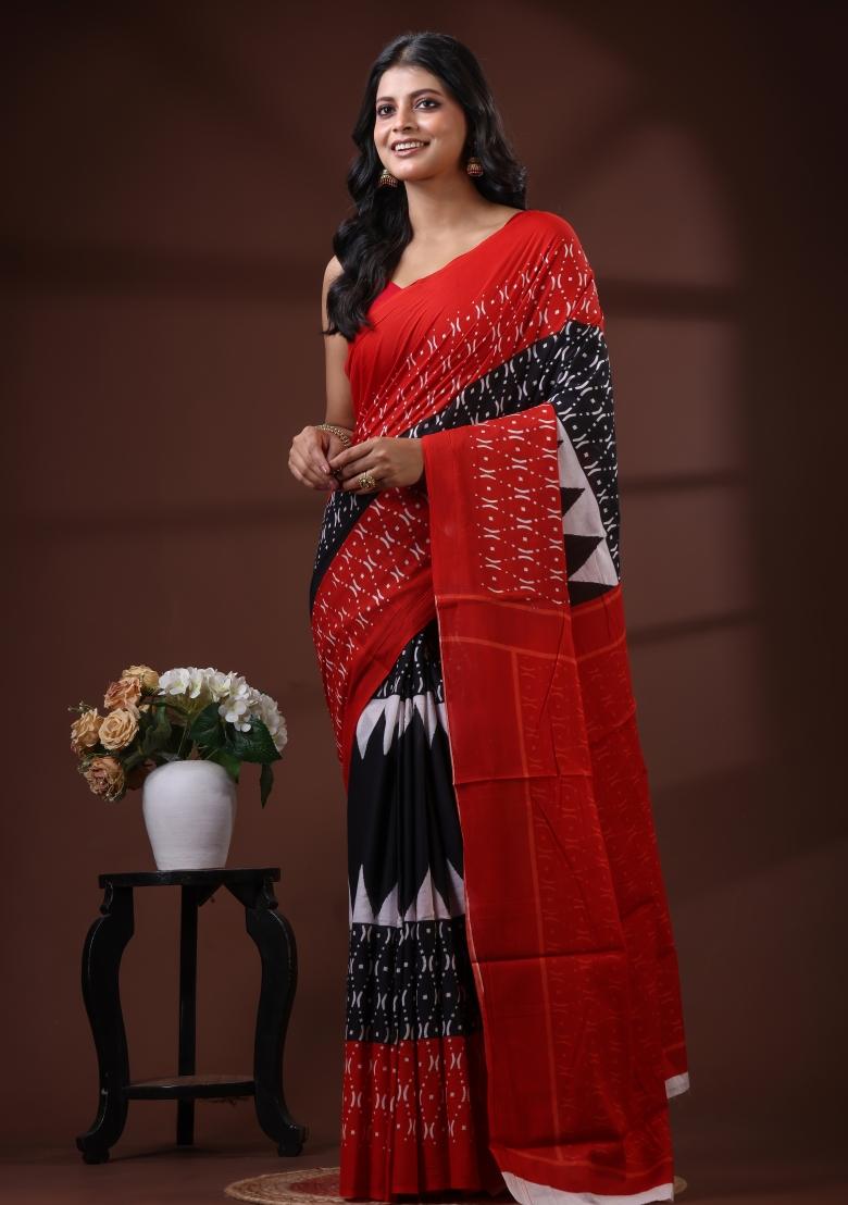 Red Printed Cotton Saree Set - Indya