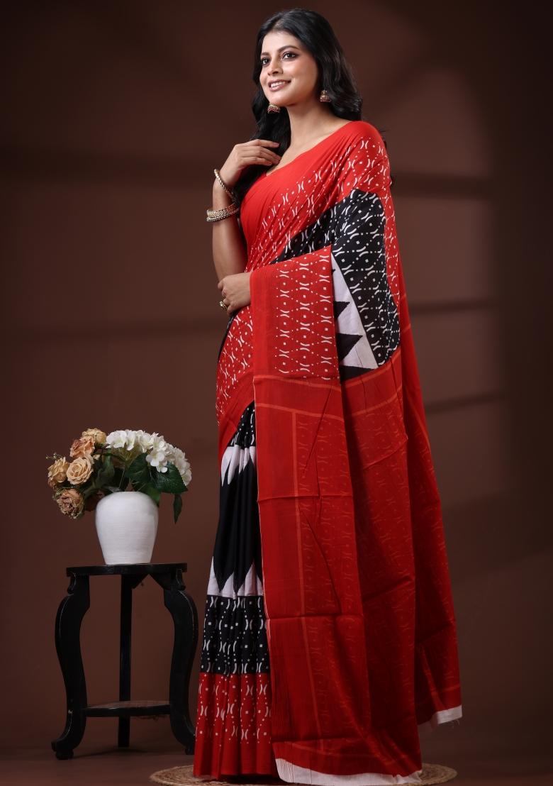 Red Printed Cotton Saree Set - Indya