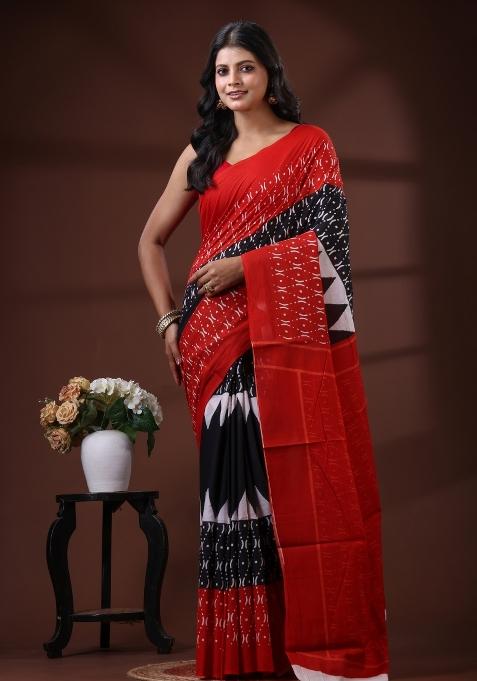 Red Printed Cotton Saree Set