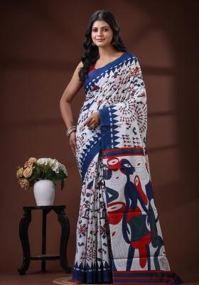 White Printed Cotton Saree Set