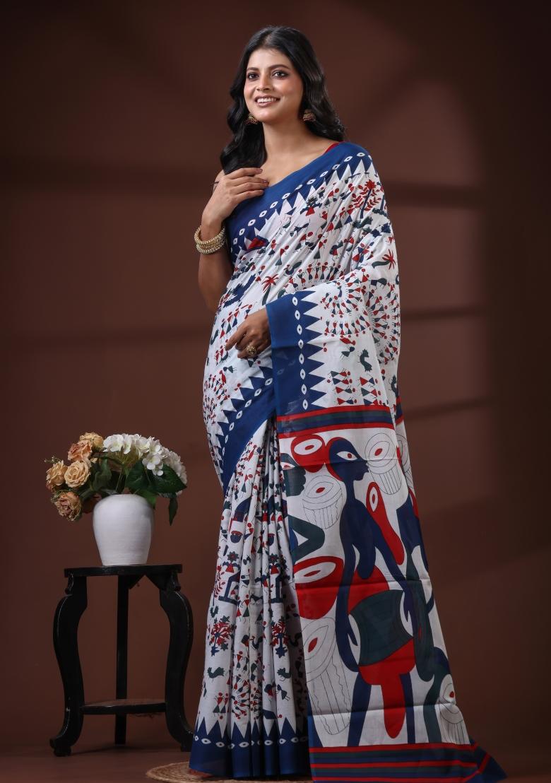 White Printed Cotton Saree Set - Indya
