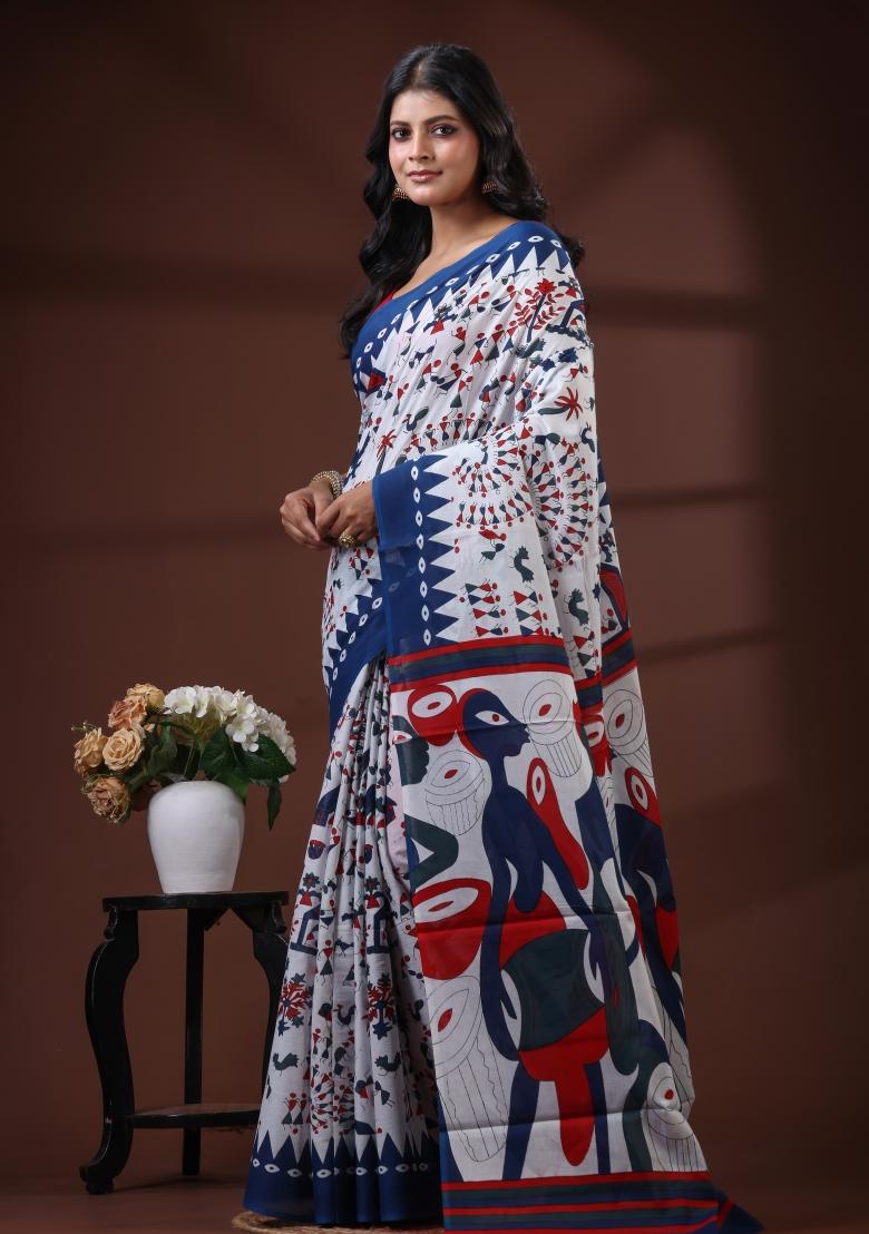 White Printed Cotton Saree Set - Indya