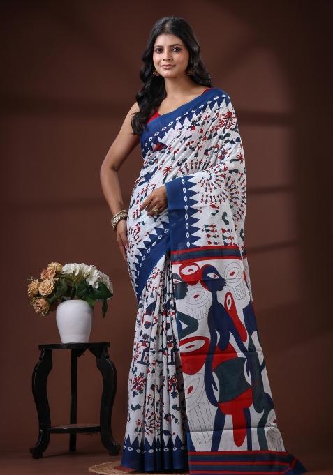 White Printed Cotton Saree Set
