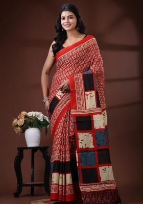 Red Printed Cotton Saree Set