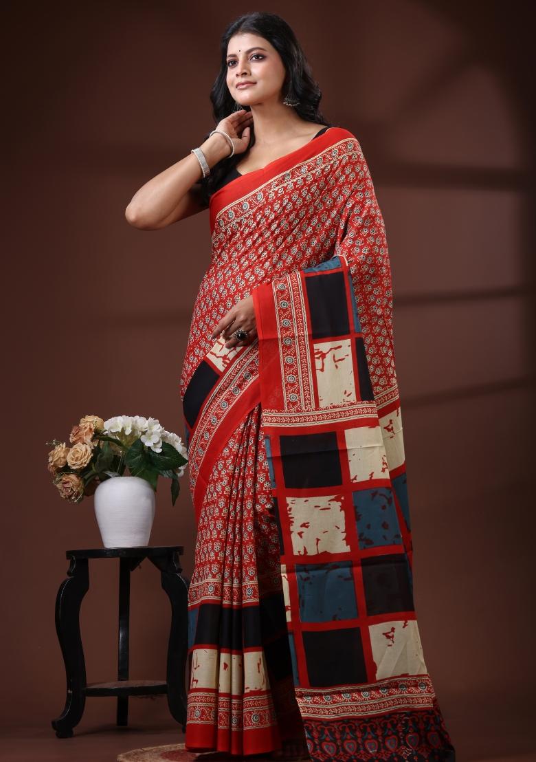 Red Printed Cotton Saree Set - Indya
