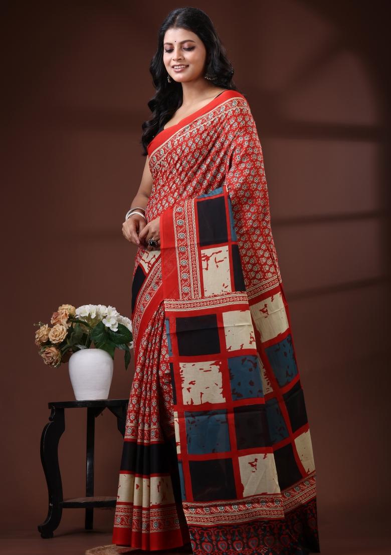 Red Printed Cotton Saree Set - Indya