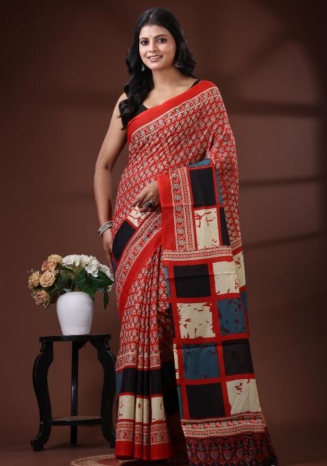 Red Printed Cotton Saree Set
