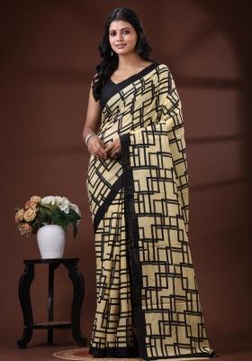 Beige Printed Cotton Saree Set
