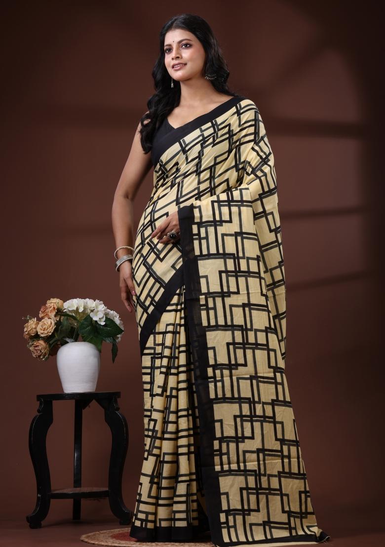 Beige Printed Cotton Saree Set - Indya