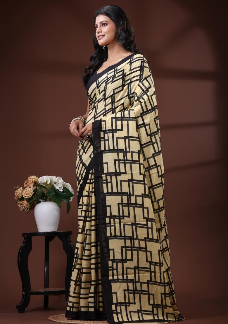 Beige Printed Cotton Saree Set - Indya