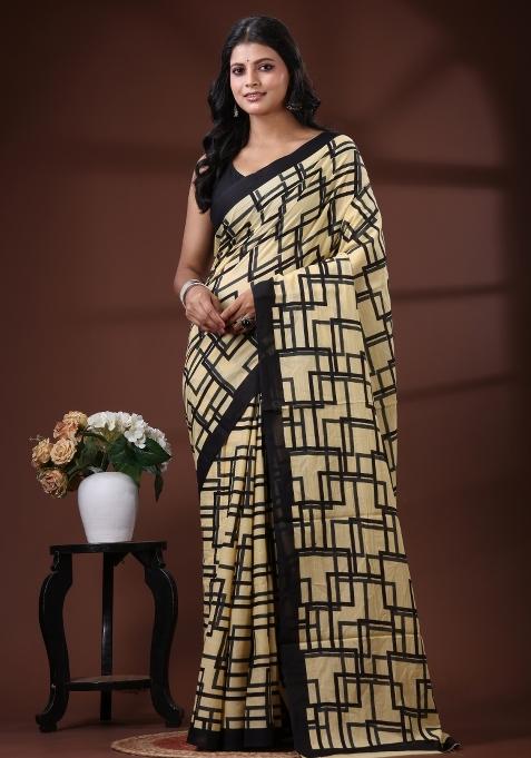 Beige Printed Cotton Saree Set