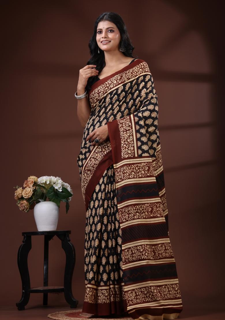 Black Printed Cotton Saree Set - Indya