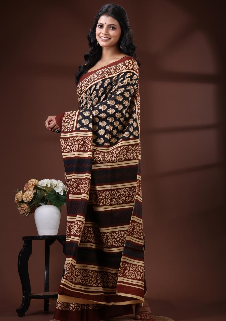 Black Printed Cotton Saree Set - Indya