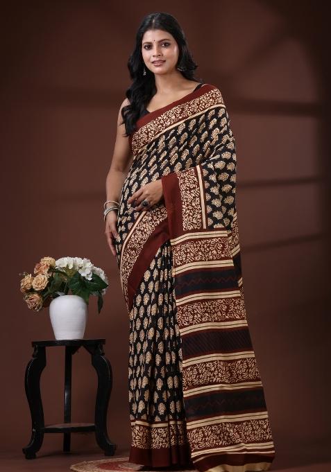 Black Printed Cotton Saree Set