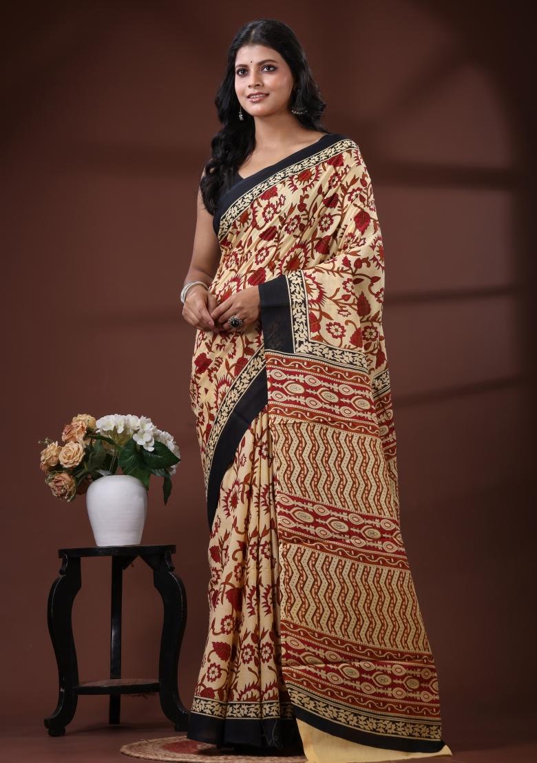 Beige Printed Cotton Saree Set - Indya