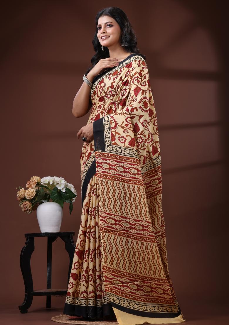 Beige Printed Cotton Saree Set - Indya
