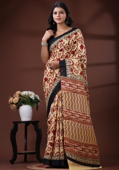 Beige Printed Cotton Saree Set
