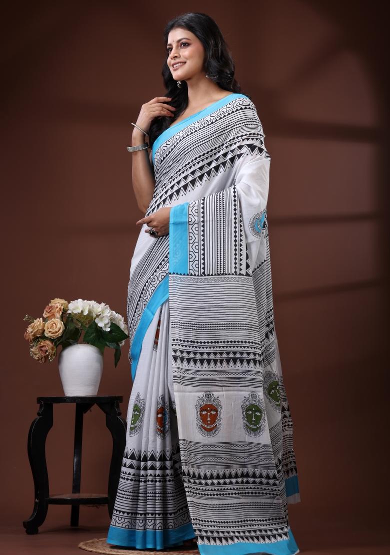 White Printed Cotton Saree Set - Indya