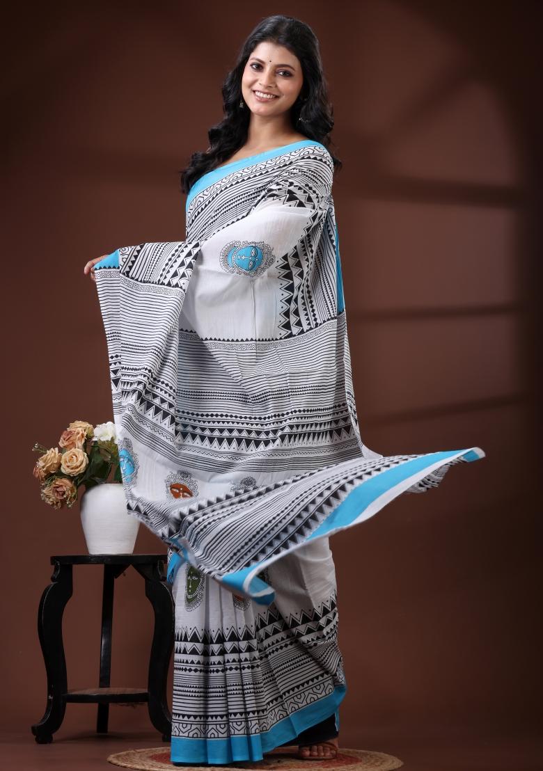 White Printed Cotton Saree Set - Indya