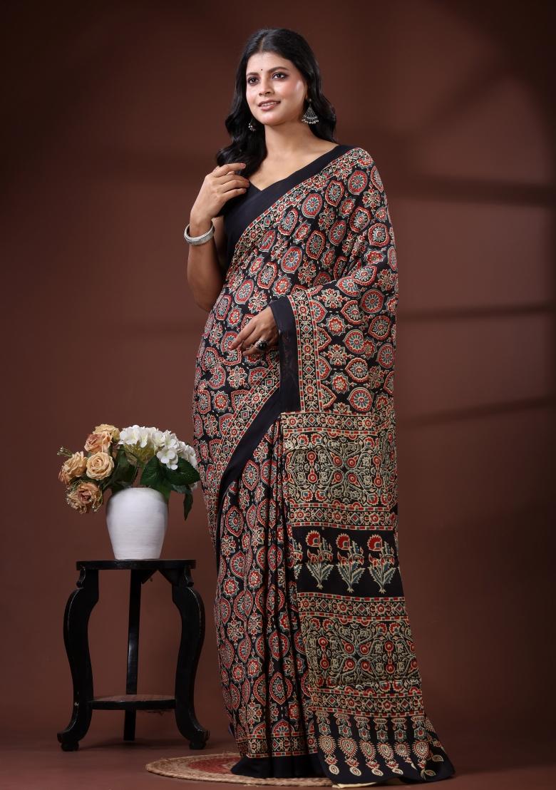 Black Printed Cotton Saree Set - Indya