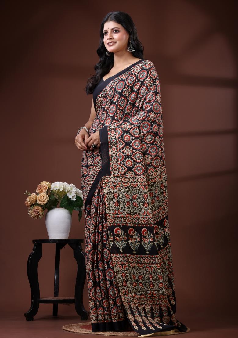 Black Printed Cotton Saree Set - Indya