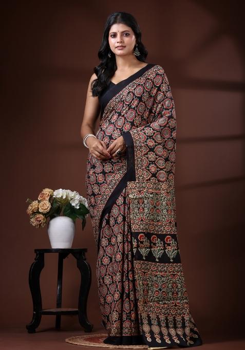 Black Printed Cotton Saree Set