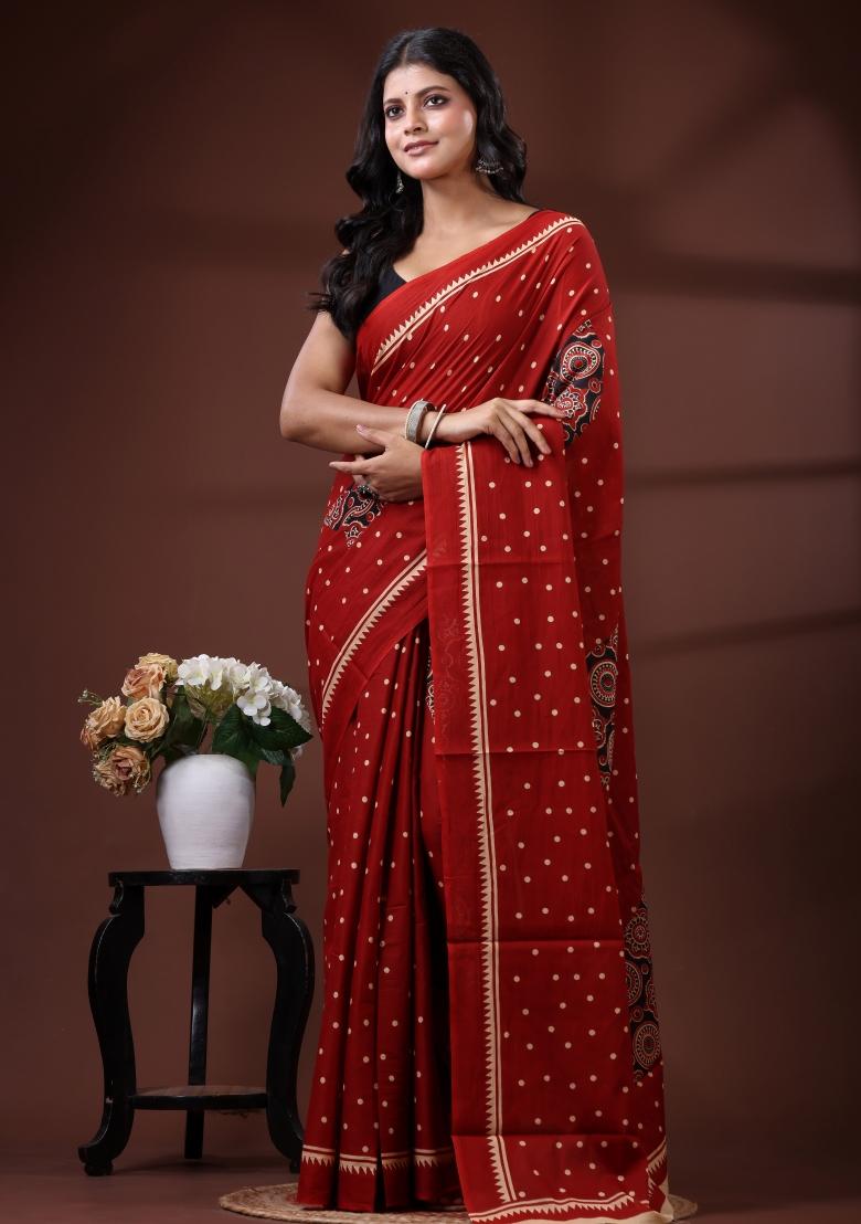 Red Printed Cotton Saree Set - Indya