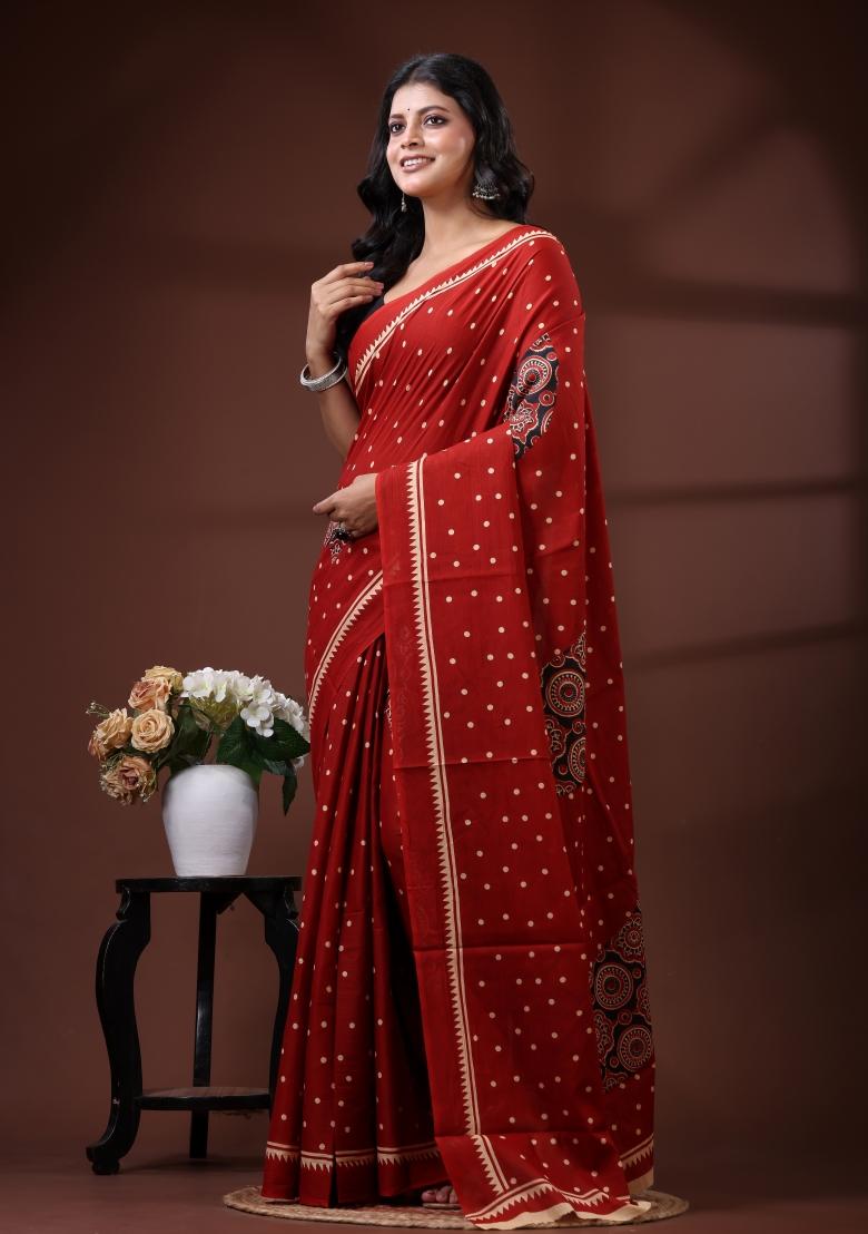 Red Printed Cotton Saree Set - Indya