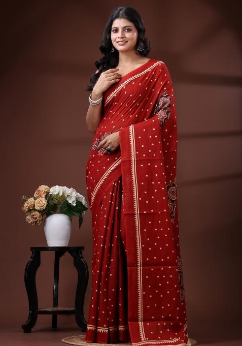 Red Printed Cotton Saree Set