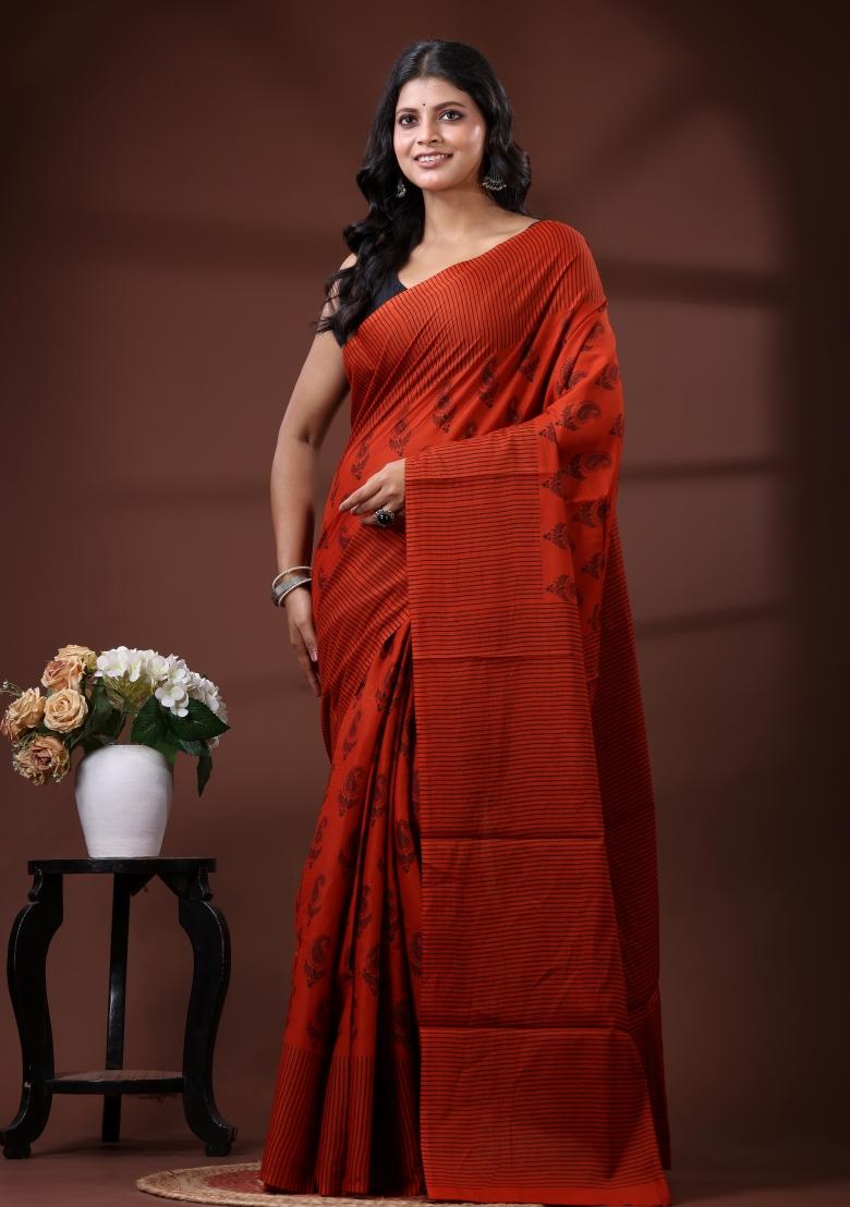 Red Printed Cotton Saree Set - Indya