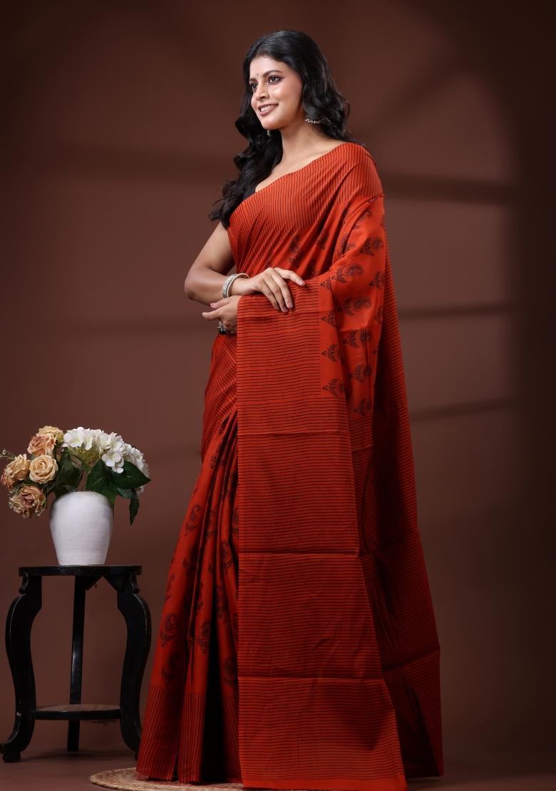 Red Printed Cotton Saree Set - Indya