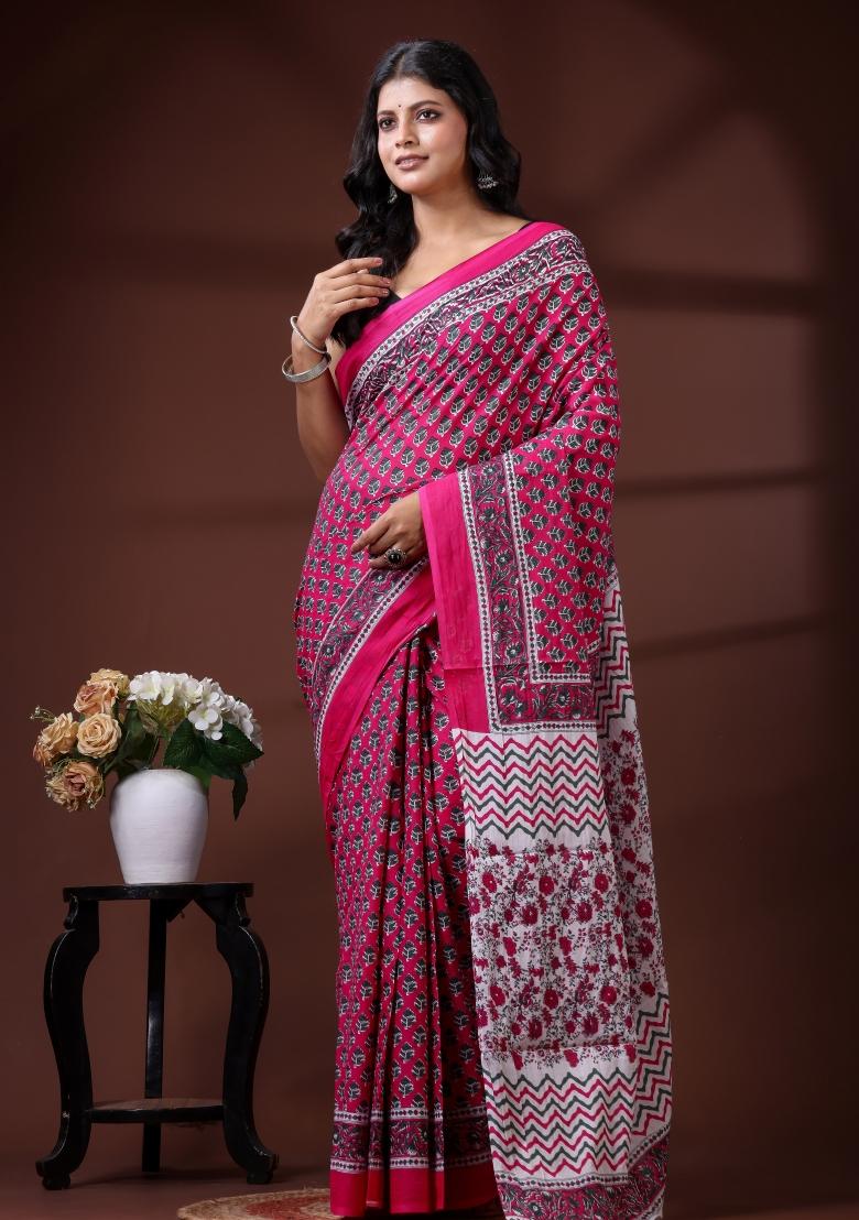 Pink Printed Cotton Saree Set - Indya
