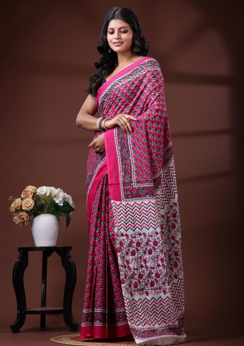 Pink Printed Cotton Saree Set - Indya