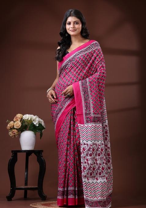 Pink Printed Cotton Saree Set